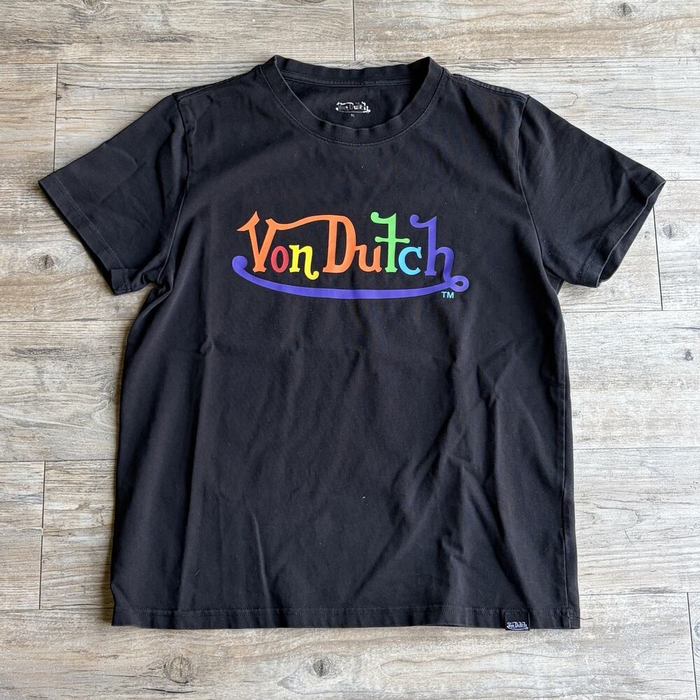 Von Dutch Womens L Black Graphic Logo Crew Neck Short Sleeve T-Shirt Baby Tee